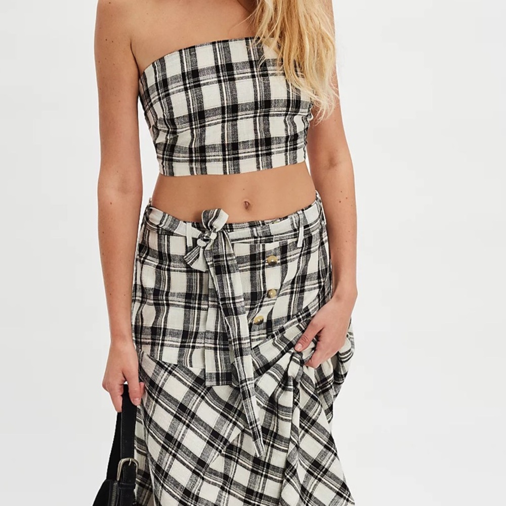 Free People Black and White Plaid High-Low Skirt